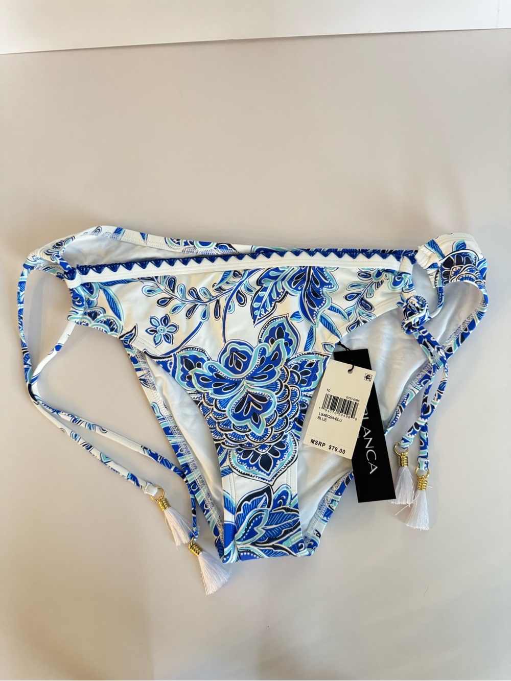 La Blanca Blue Paisley Side Tie Bikini Bottom NWT White Blue Tassel Swimwear